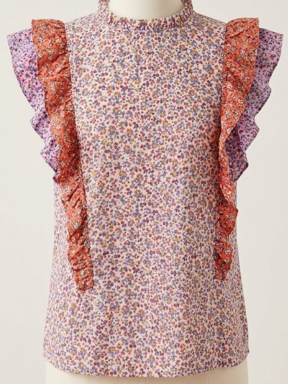 Ann Taylor Floral Ruffled V-Neck Sleeveless Top Cotton Ditzy Print Blouse - Picture 2 of 14